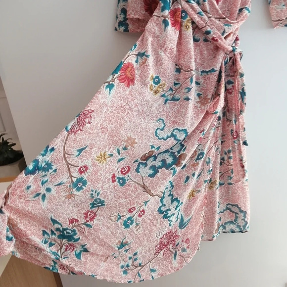 Anthropologie Maeve Adelaide Pink Wrap Midi Dress Short Sleeve Floral Small - Picture 11 of 16